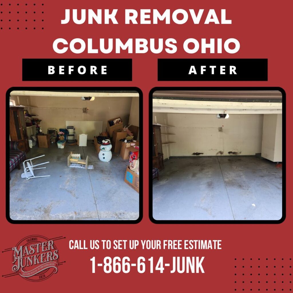 Before and after picture of a garage clean out in Columbus Ohio